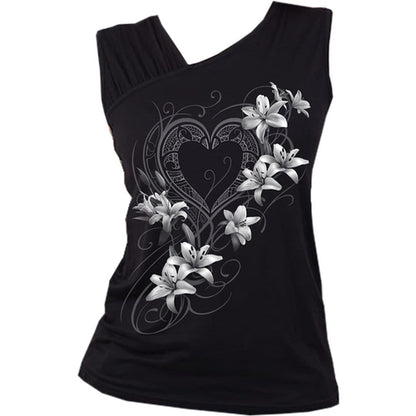 Black Jasper PURE OF HEART gathered shoulder slant vest in black, featuring a stylish design with a gathered shoulder detail.