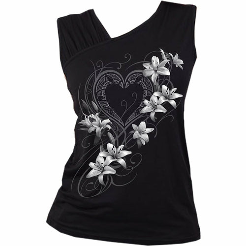 Black Jasper PURE OF HEART gathered shoulder slant vest in black, featuring a stylish design with a gathered shoulder detail.