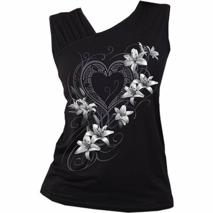 Black Jasper PURE OF HEART gathered shoulder slant vest in black, featuring a stylish design with a gathered shoulder detail.