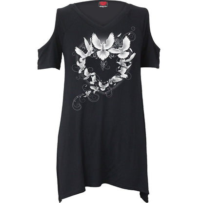 Black Jasper Doves Heart cold shoulder goth T-shirt featuring a heart and dove design on black fabric.