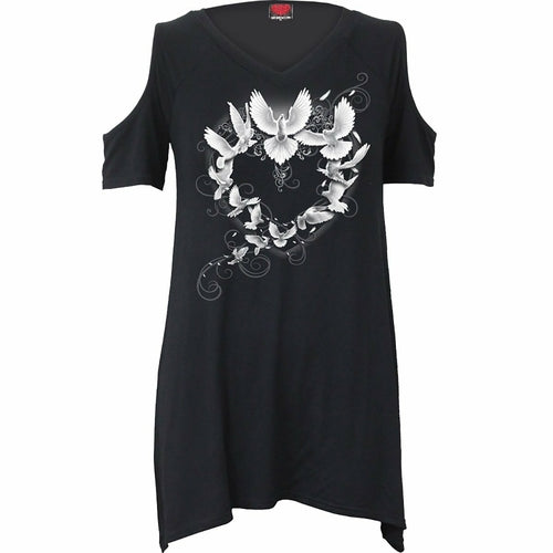 Black Jasper Doves Heart cold shoulder goth T-shirt featuring a heart and dove design on the front.