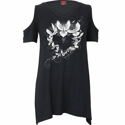 Black Jasper Doves Heart cold shoulder goth T-shirt featuring a heart and dove design on the front.