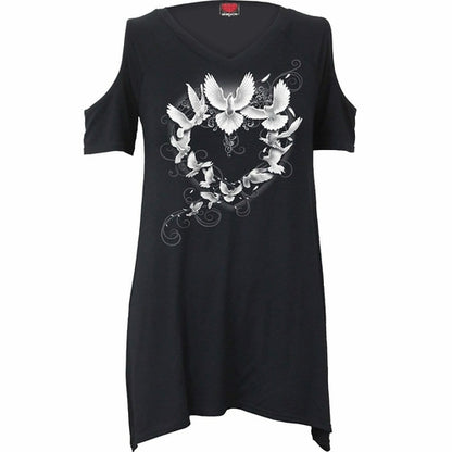 Black Jasper Doves Heart cold shoulder goth T-shirt with a heart and dove graphic, featuring a stylish cold shoulder design.