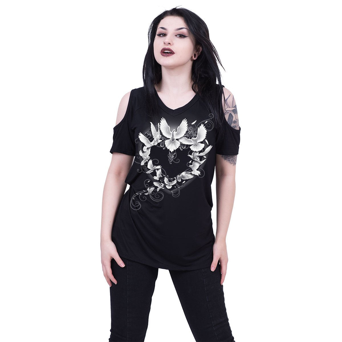 Black Jasper Doves Heart cold shoulder goth T-shirt featuring a doves heart graphic and stylish design on a black top.