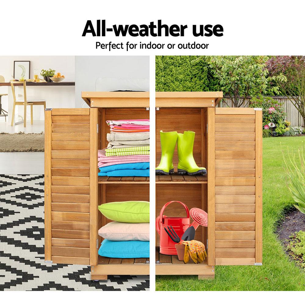 Ozdingo Gardeon portable wooden garden storage cabinet with double doors and shelves for outdoor organization.
