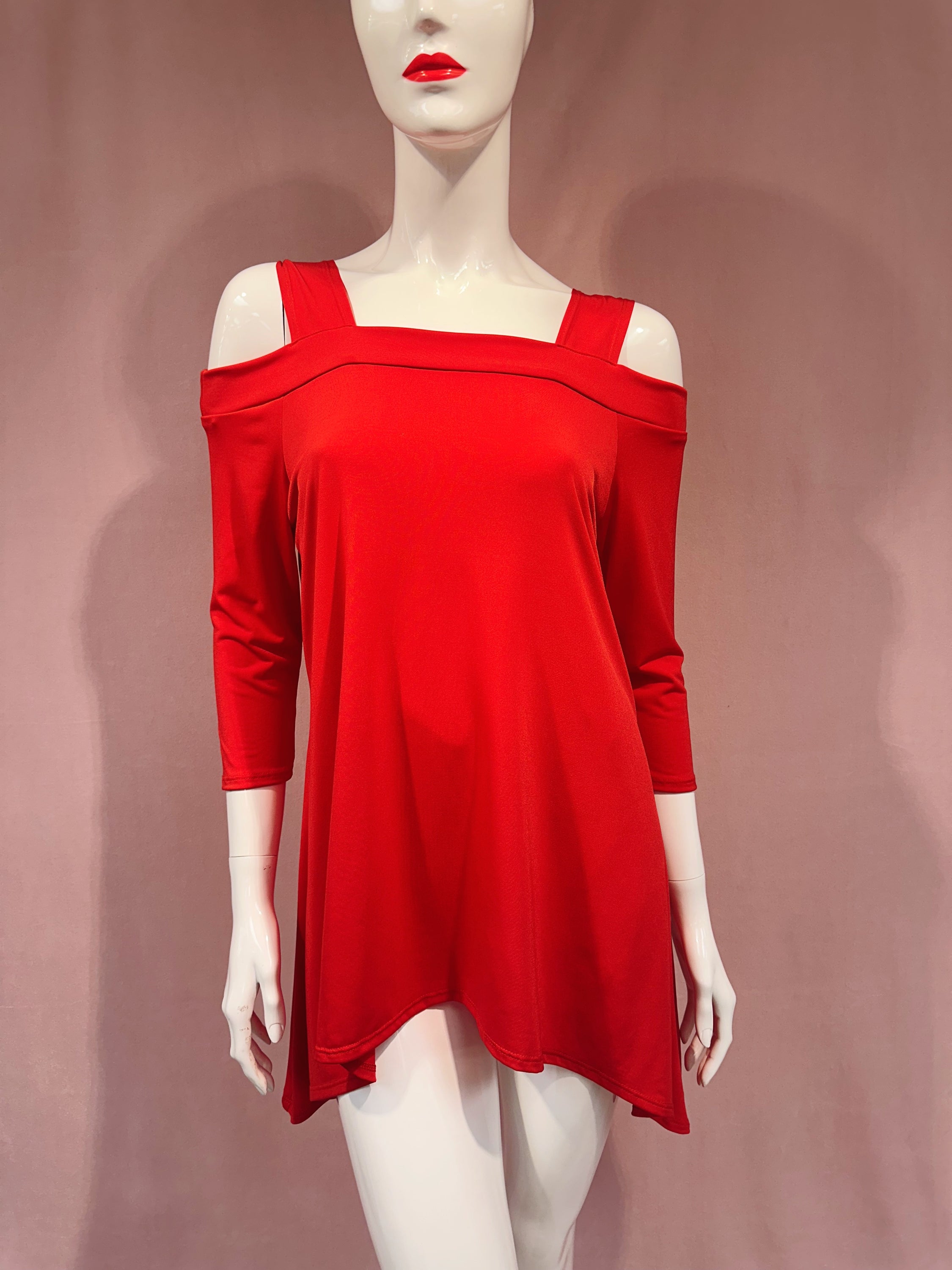 Candy red cold shoulder top for women by Olive Nesoi, featuring a stylish cold shoulder design and feminine fit.