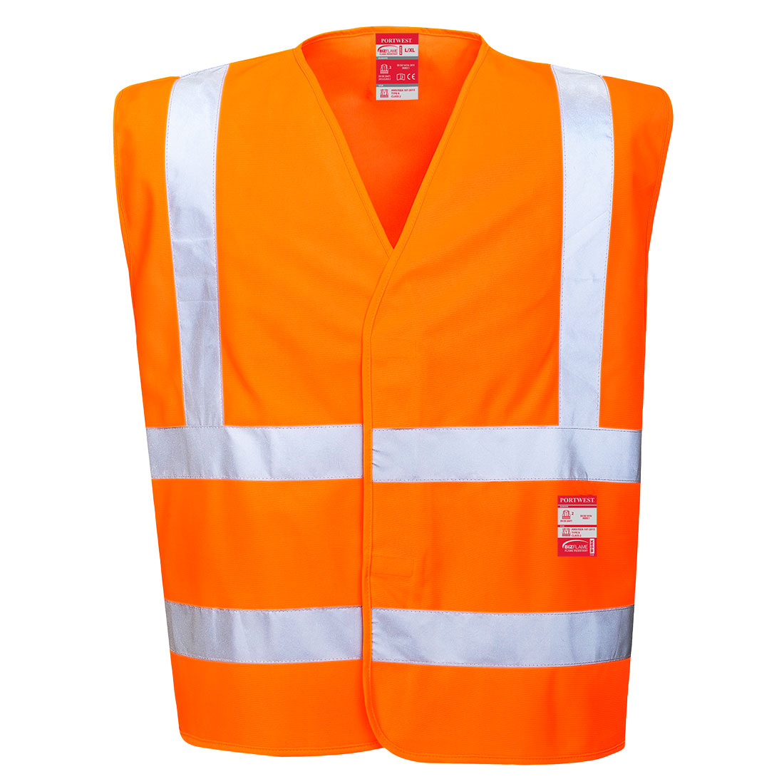 High-visibility flame-resistant safety vest by Coral Danae, model FR75, featuring reflective strips and durable fabric for safety.