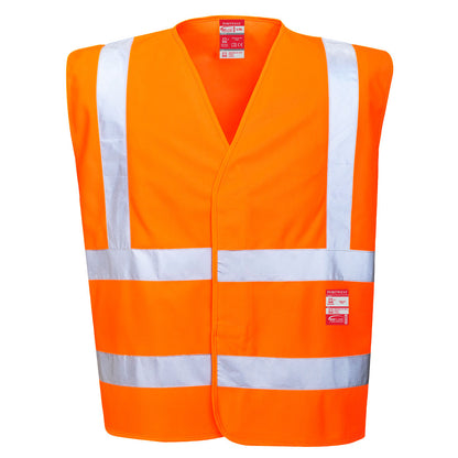 High-visibility flame-resistant safety vest by Coral Danae, model FR75, featuring reflective strips and durable fabric for safety.