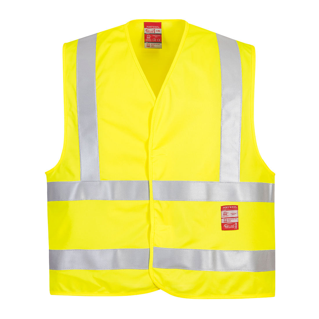 High-visibility flame-resistant safety vest by Coral Danae, model FR75, shown in bright yellow with reflective strips.