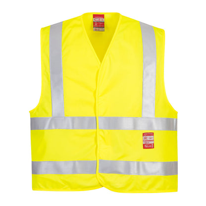 High-visibility flame-resistant safety vest by Coral Danae, model FR75, shown in bright yellow with reflective strips.