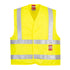 High-visibility flame-resistant safety vest by Coral Danae, model FR75, shown in bright yellow with reflective strips.