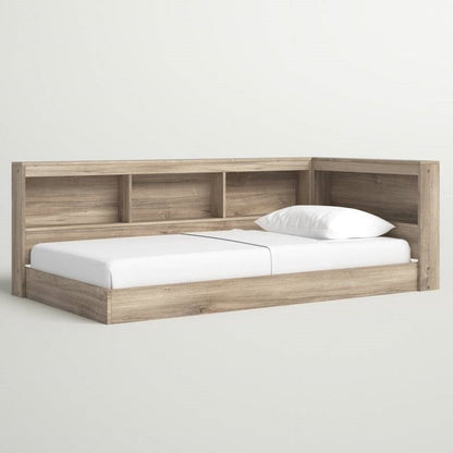 Full size Natural Wood Corner Storage Bed with Bookcase Headboard and USB Ports
