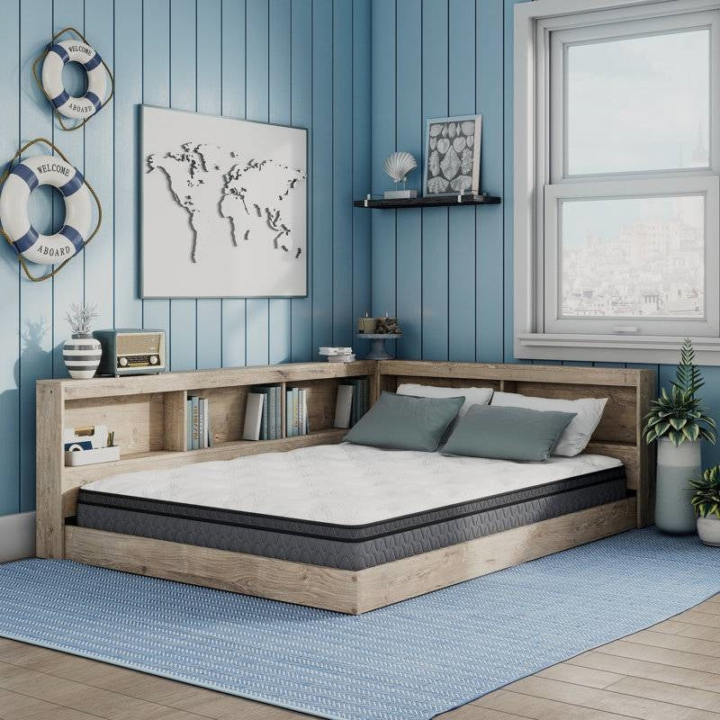 Full size Natural Wood Corner Storage Bed with Bookcase Headboard and USB Ports
