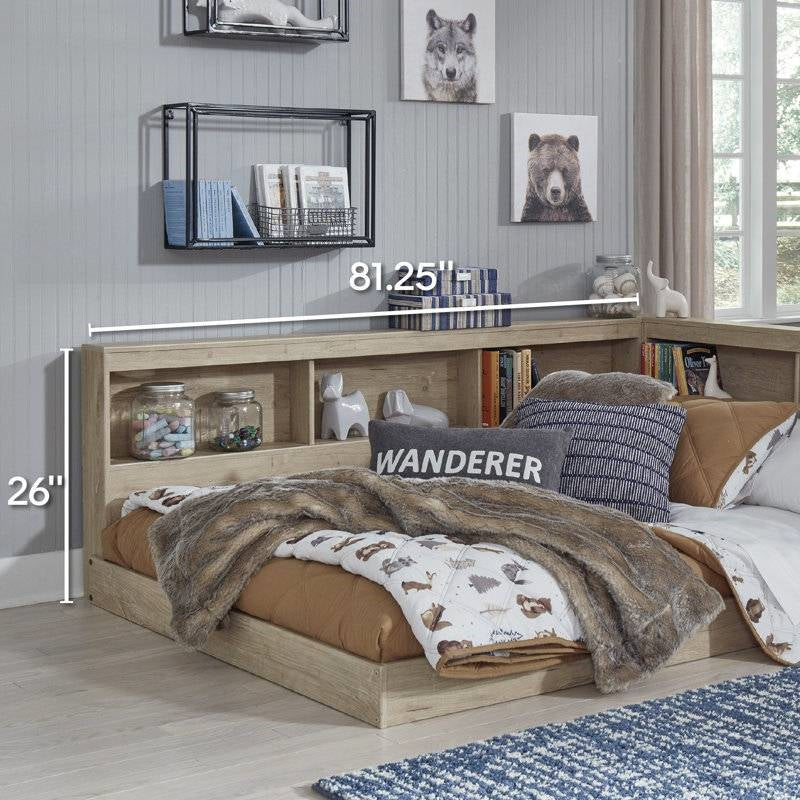 Full size Natural Wood Corner Storage Bed with Bookcase Headboard and USB Ports