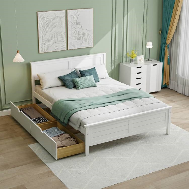 Full Size White Platform Bed Frame with 2 Storage Drawers