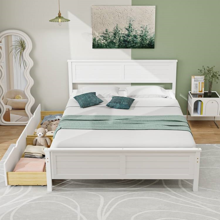 Full Size White Platform Bed Frame with 2 Storage Drawers