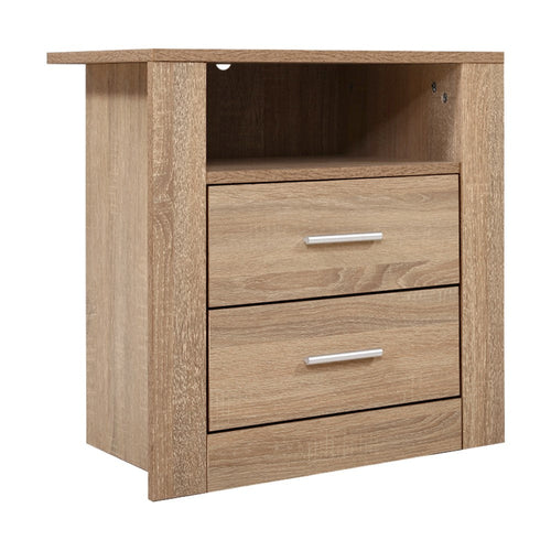 Ozdingo Artiss bedside table with two drawers and shelf in Tara Oak finish, showcasing a modern bedroom storage solution.