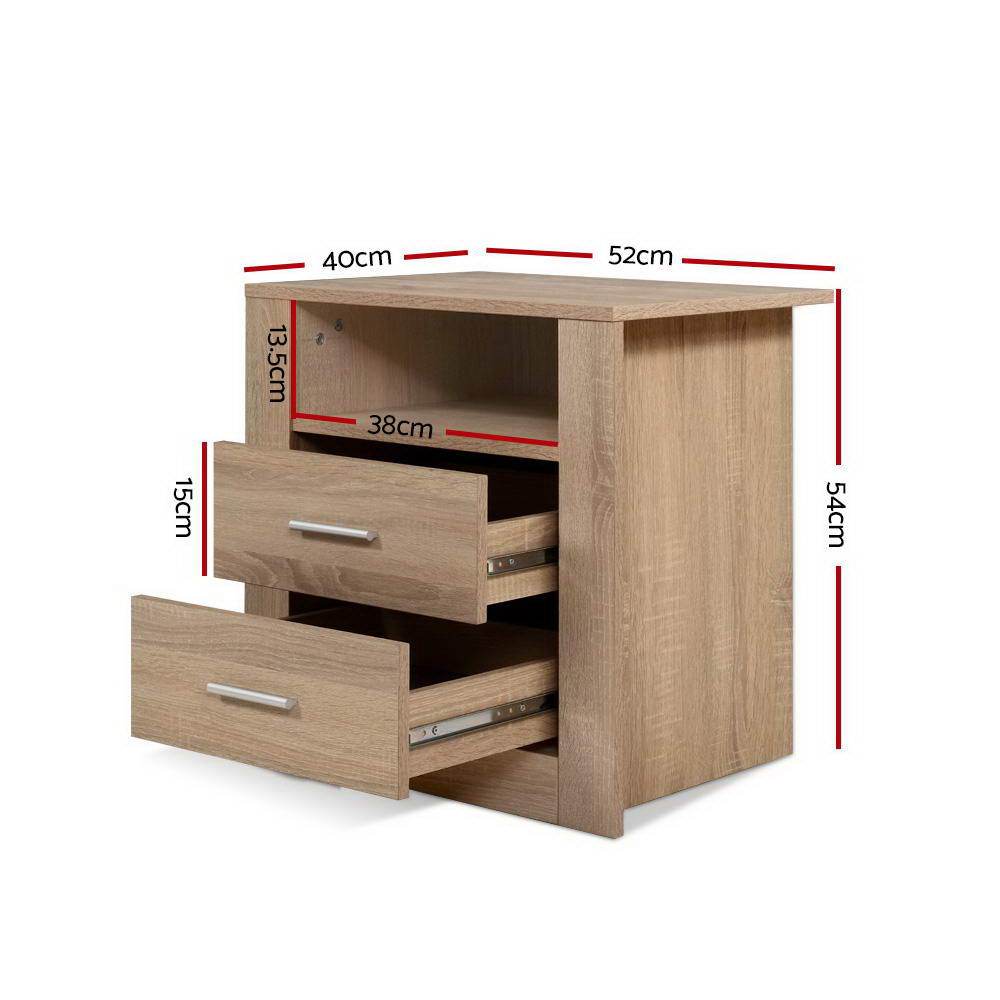 Ozdingo Artiss bedside table with two drawers and shelf in TARA Oak finish, suitable for bedroom storage and decor.