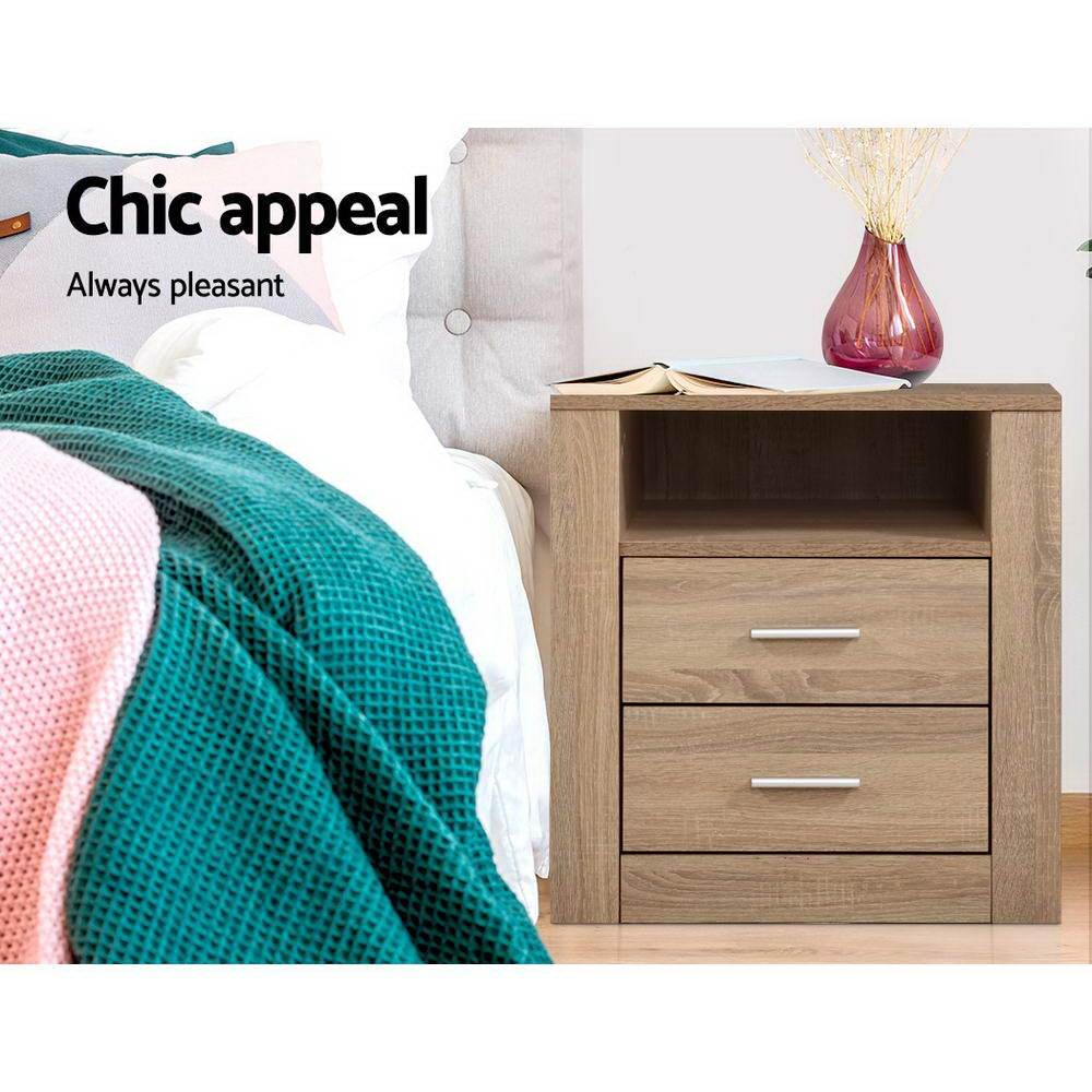 Ozdingo Artiss bedside table with two drawers and shelf in Tara Oak finish, featuring a modern design for bedroom storage