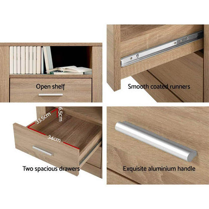 Ozdingo Artiss bedside table with two drawers and shelf in TARA Oak finish, ideal for bedroom storage and decor.