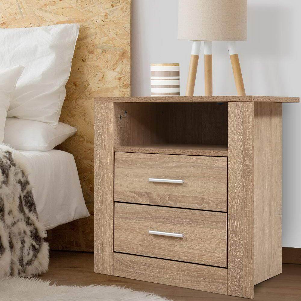Ozdingo Artiss bedside table with two drawers and shelf in Tara Oak finish, ideal for bedroom storage and decor.
