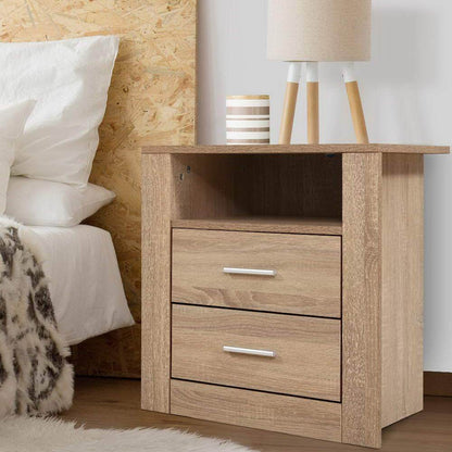 Ozdingo Artiss bedside table with two drawers and shelf in Tara Oak finish, ideal for bedroom storage and decor.
