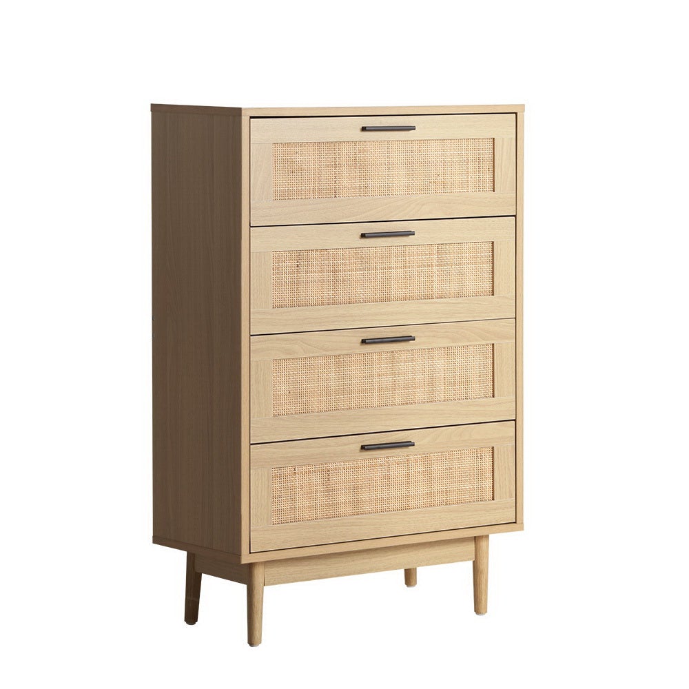 Ultramarine Dione Artiss 4-drawer rattan tallboy cabinet for bedroom storage, featuring a chic rattan design and modern wooden finish.