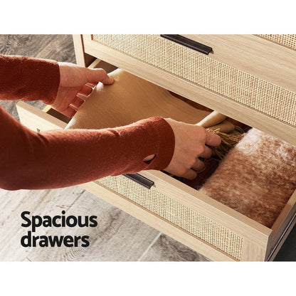 Ultramarine Dione Artiss 4-drawer rattan tallboy chest of drawers for bedroom storage, with a modern rattan design.