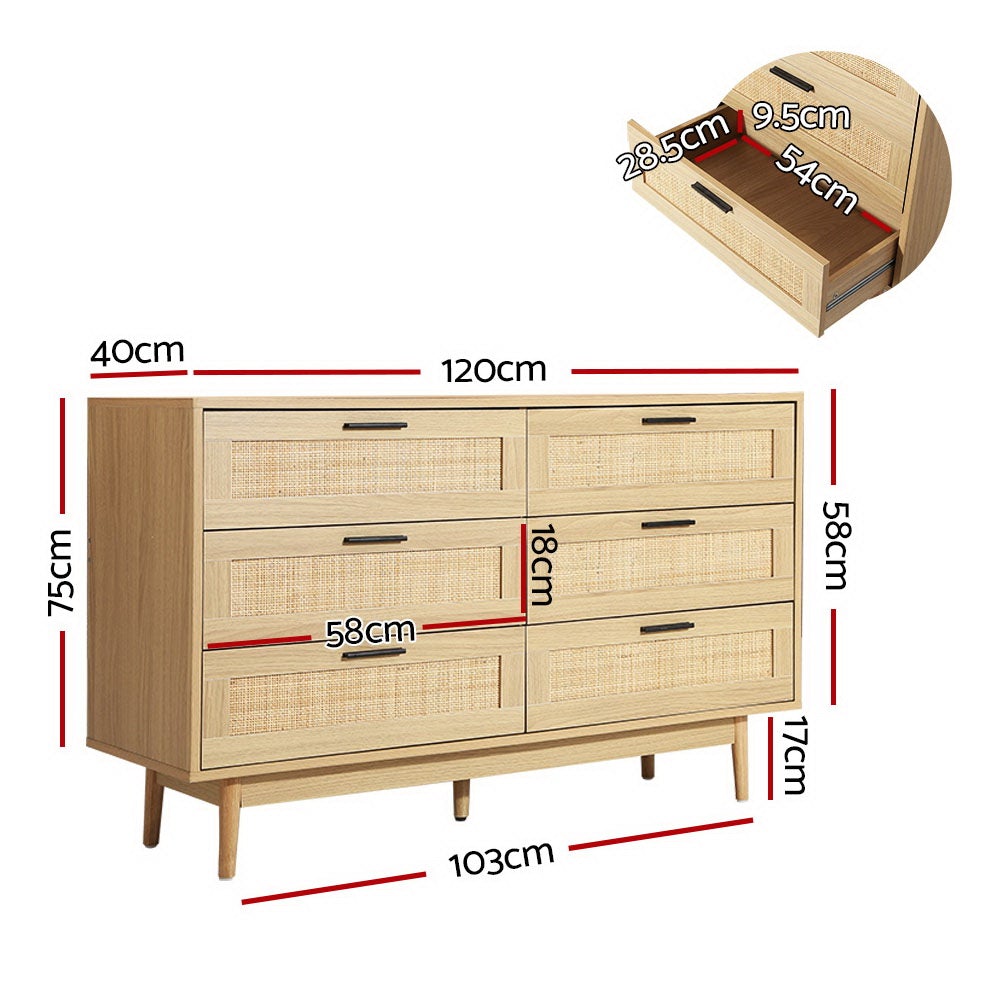 Ultramarine Dione Artiss 6-drawer rattan tallboy cabinet for bedroom storage with a modern rattan design.