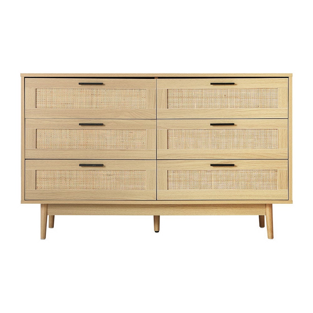 Ultramarine Dione Artiss 6-drawer rattan tallboy cabinet for bedroom storage, with a sleek modern design and rattan accents.