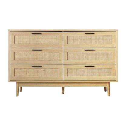 Ultramarine Dione Artiss 6-drawer rattan tallboy cabinet for bedroom storage, with a sleek modern design and rattan accents.