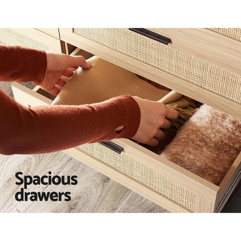 Ultramarine Dione Artiss 6-Chest Rattan Tallboy Cabinet for bedroom storage, showcasing modern design and rattan finish.