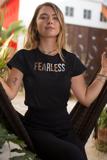 Black Fearless Women T-shirt by Scorpius featuring bold white text and a confident design, casual fit, and soft cotton fabric.