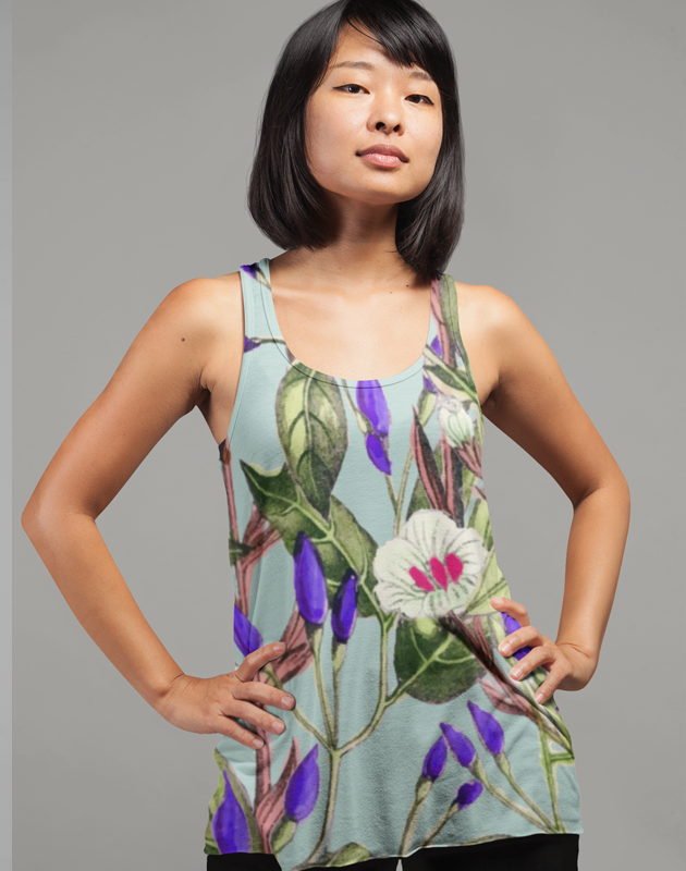 Scorpius Floral Garden women’s performance tank top with colorful floral pattern and breathable fabric for active wear.