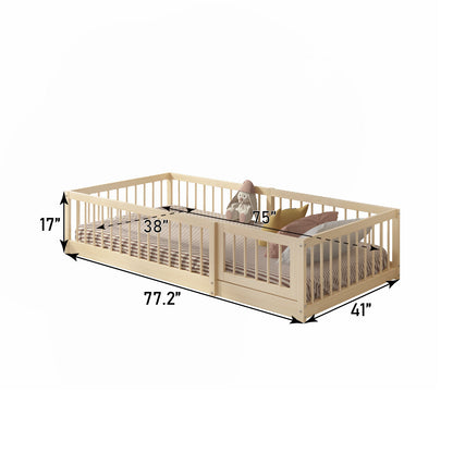 Olive Lucy Dream Raft Montessori natural floor bed for twin size, showing the minimalist wooden design and sturdy construction.