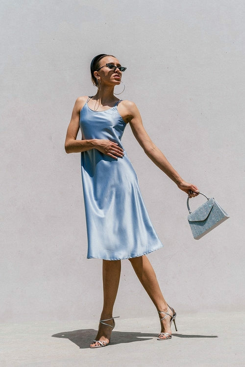 Azure Thanatos Florida minimal satin slip dress in baby blue, stylish women&