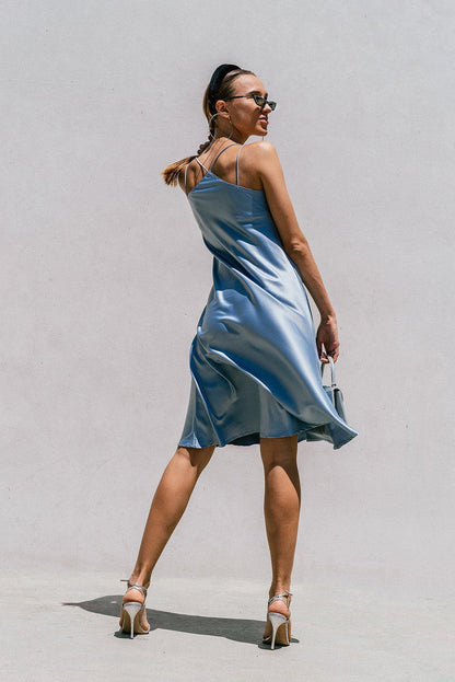 Azure Thanatos Florida Minimal Satin Slip Dress in baby blue, showcasing a sleek, minimalist women&