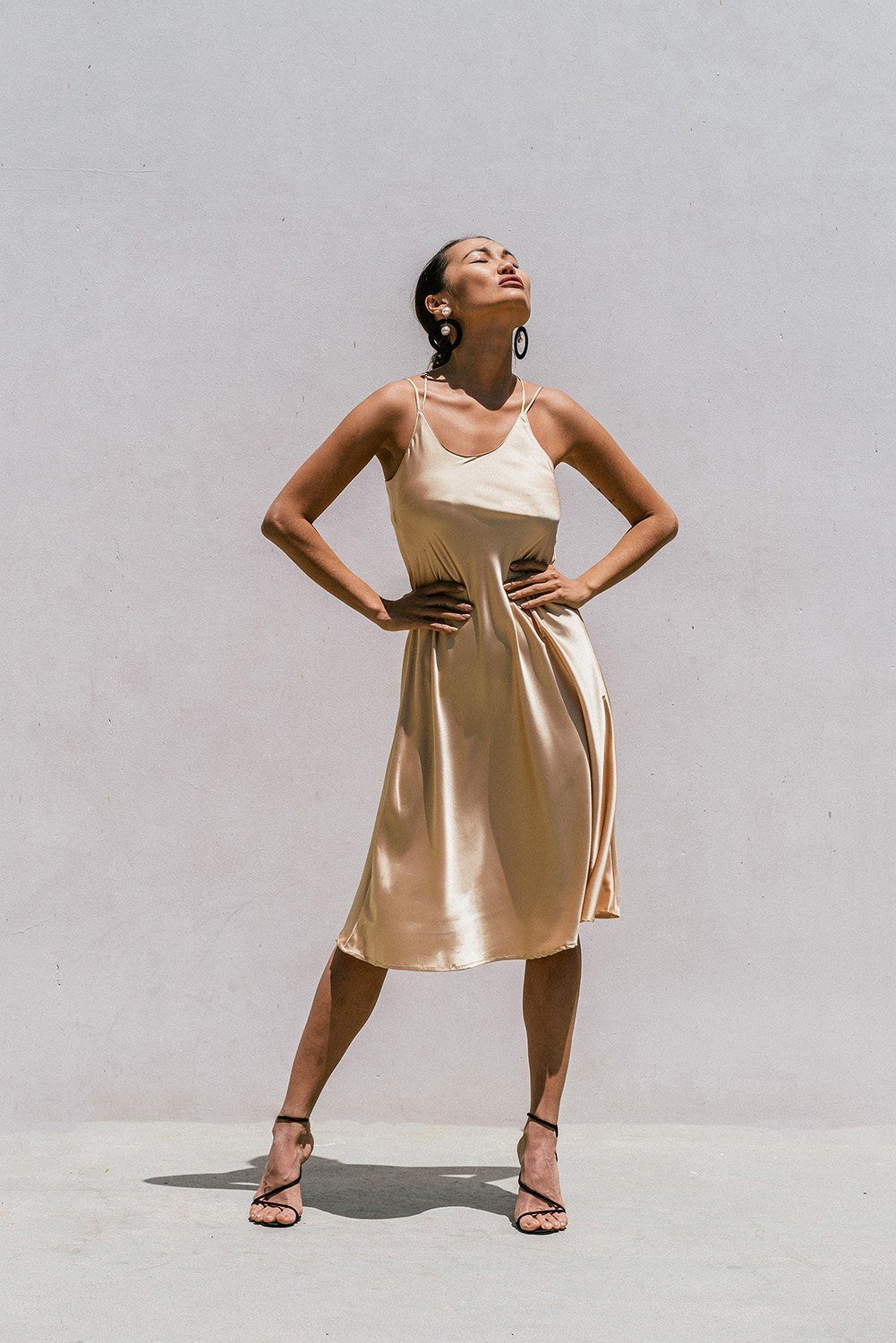 Light gold Florida Minimal satin slip dress for women by Azure Thanatos, featuring a sleek and elegant design.