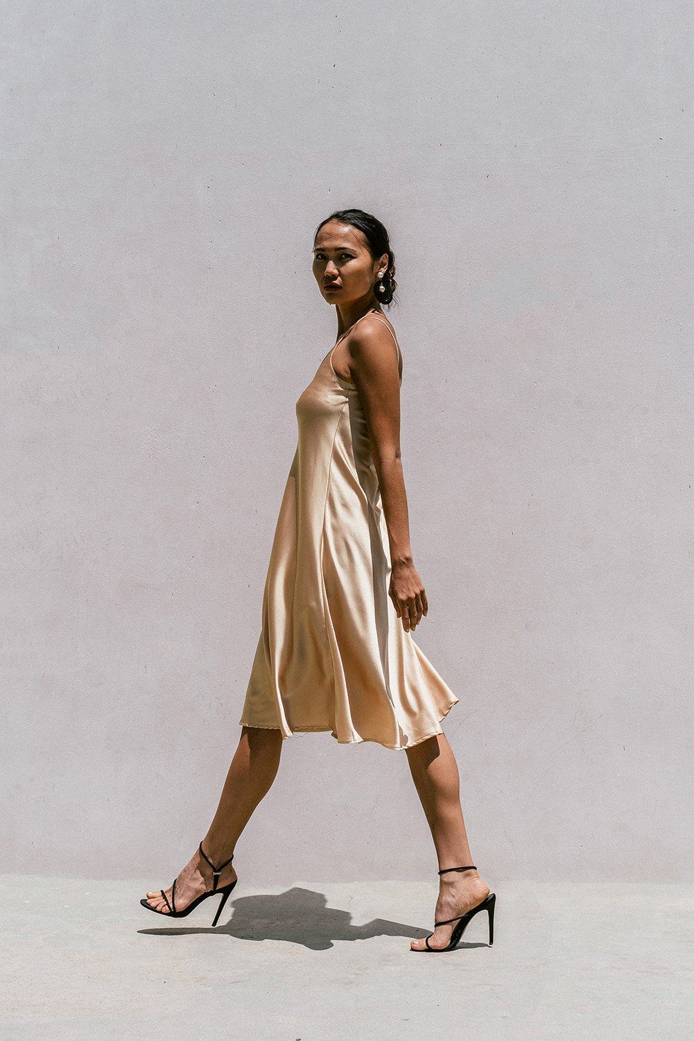 Light gold Florida Minimal Satin Slip Dress for women by Azure Thanatos, showcasing smooth satin fabric and elegant design.