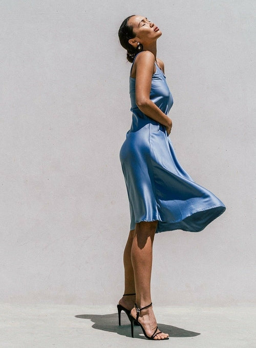 Azure Thanatos Florida minimal satin slip dress in smokey blue, sleek and stylish women&