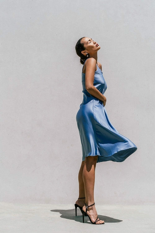 Azure Thanatos Florida Minimal Satin Slip Dress in smokey blue, women&