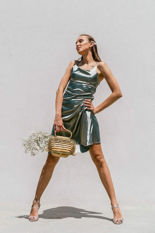 Green satin slip dress for women by Azure Thanatos, featuring a minimal design and elegant fit.