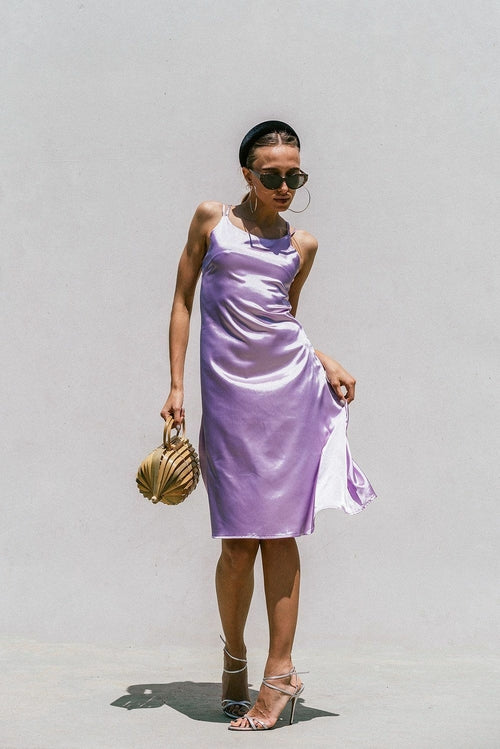 Lavender satin slip dress for women by Azure Thanatos, featuring a minimalist design and smooth, shiny fabric.