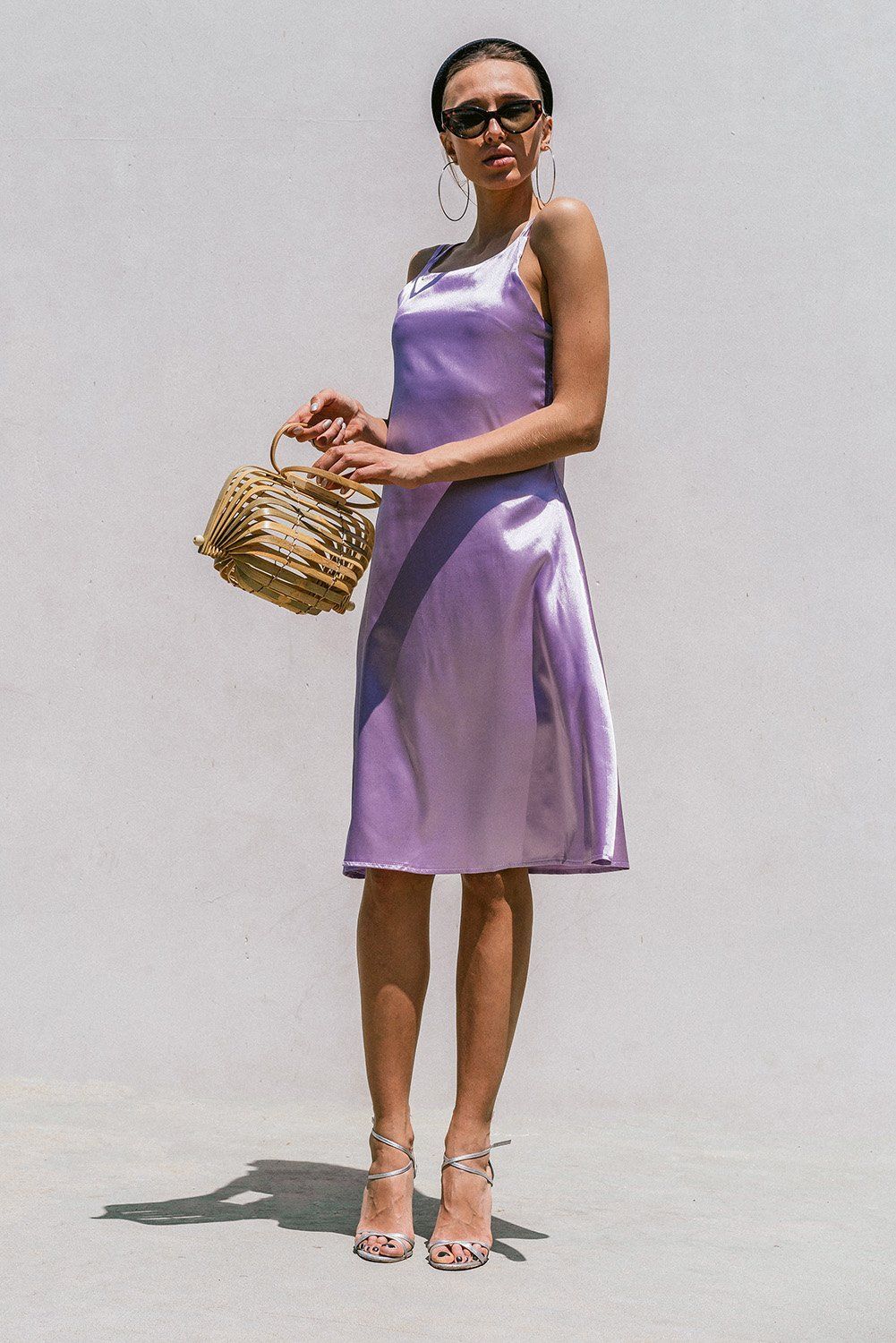 Lavender satin slip dress for women by Azure Thanatos, featuring a minimal Florida-inspired design and smooth, elegant fabric.