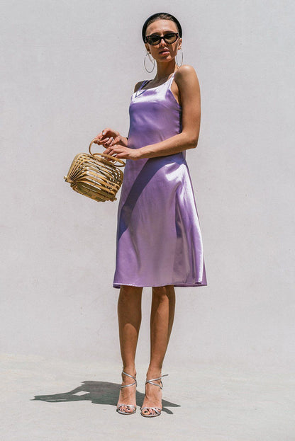 Lavender satin slip dress for women by Azure Thanatos, featuring a minimal Florida-inspired design and smooth, elegant fabric.