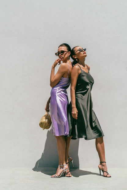 Olive green Florida Minimal satin slip dress for women by Azure Thanatos, smooth fabric and sleek design perfect for elegant styling.