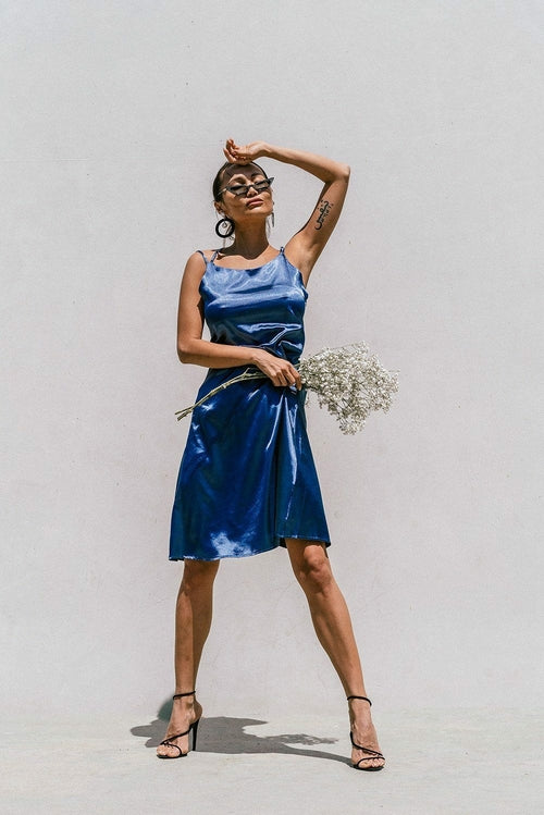 Azure Thanatos Florida Minimal Satin Slip Dress in royal blue, showing a sleek, elegant women&