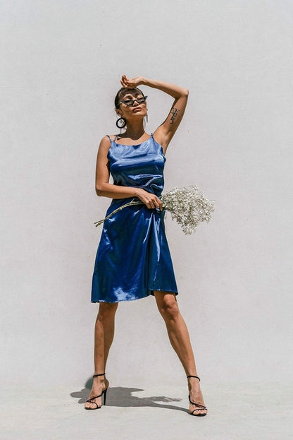 Azure Thanatos Florida Minimal Satin Slip Dress in royal blue, showing a sleek, elegant women&