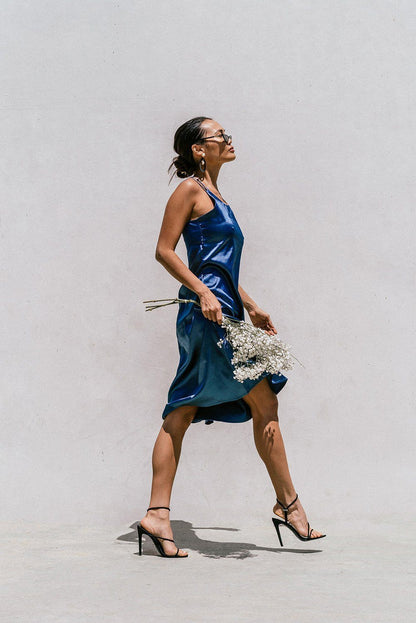 Azure Thanatos Florida Minimal Satin Slip Dress in royal blue, showcasing smooth satin fabric and elegant minimalist design for women.