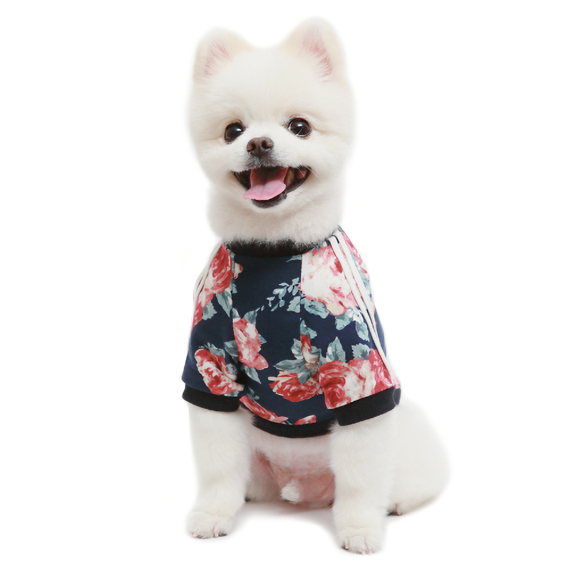 Pets Flower Jersey T-shirt by Emerald Alfie featuring a colorful floral pattern on soft, comfortable pet clothing.